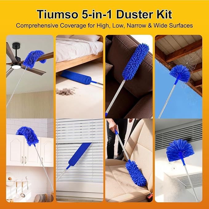 Tiumso Ceiling Fan Cleaner Dusters for Cleaning 6-in-1 Kit, Cobweb Duster with Extension Pole, 100 Inches High Ceiling Fan Blade Cleaners with 5 Reuseable Dusting Heads for Windows and Blinds- Blue