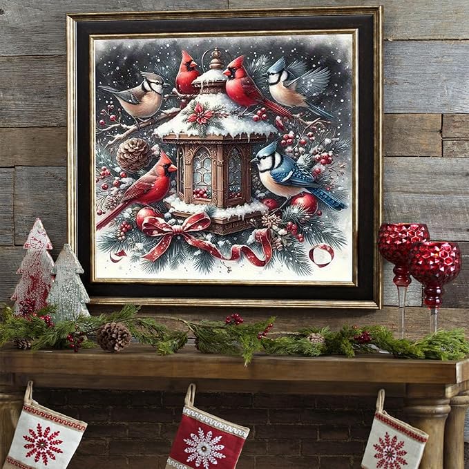 Winter Diamond Painting Kits for Adults Beginners,DIY Cardinal Birds Diamond Art,5D Full Round Drill Diamond Dot Gem Art Kits, Home Wall Decor 14x14 Inch