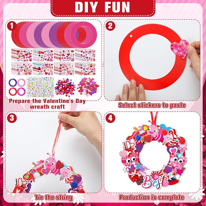 Hollowfly 48 Sets Valentine's Day Wreath Craft Kits DIY Heart Wreath Hanging Ornaments Valentines Make Your Own Paper Craft for Valentine's Day Home Party Activities