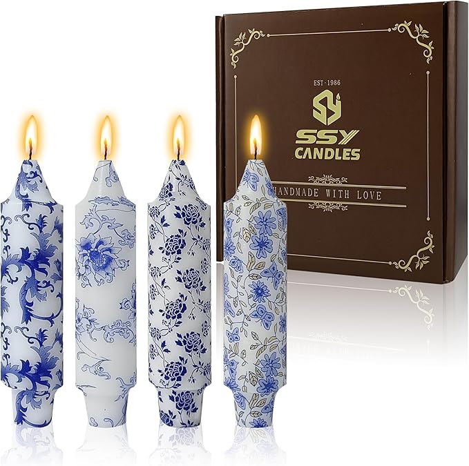 5 Inch Blue and White Short Taper Candles Hand Poured Smokeless Unscented Porcelain Style Chinoiserie Floral Candles for Wedding Nautical Dinner Home Decor Housewarming Gift Mother's Day Meditation