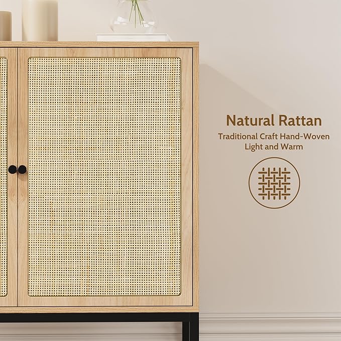 Yechen 31.5" Sideboard Cabinet with Natural Rattan Decorated Doors, Rattan Cabinet, Accent Buffet Console Storage Cane Credenza Cupboard, for Living Room Dining Room Entryway Kitchen, Metal Legs