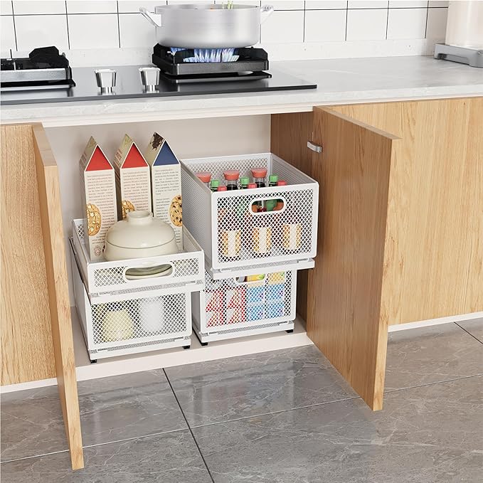 Pull Out Cabinet Organizer, Slide Out Drawers Fixed with Adhesive Nano Film, Pantry Shelves Sliding Drawer Storage Organization for Kitchen (Double Layer 11.8 * 9.4 * 10inch/30 * 24 * 25.5cm)