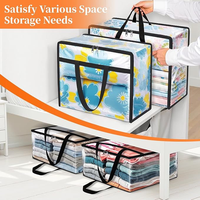 SpaceTrove Clear Clothes Storage Bags, 8 Pack Closet Organizers and Under Bed Storage Containers, Foldable Moving Bags with Zippers for Comforter, Blanket, Bedding, Duvet, PVC Packing Bags 60L