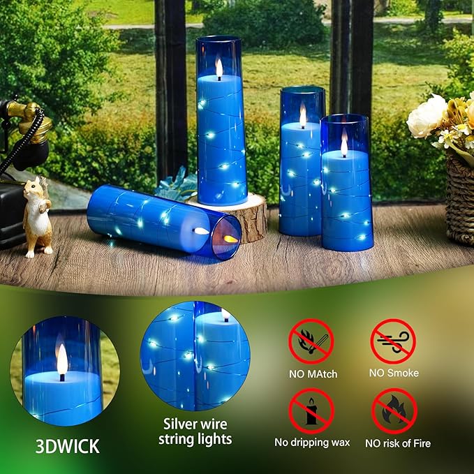 Sasigeiaa Flameless Candles with Embedded Star String - Battery Operated LED Candles, with Remote,12 Blue Flickering Candles for Christmas, Weddings, Home Decor & Party,(D 2.3"×H 5" 6" 7")