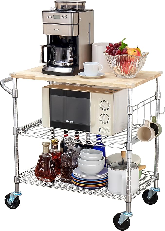 Finnhomy 3-Tier Rolling Kitchen Cart With 18" D x 30" W Oak Wood Tabletop, Kitchen Island With 4" Wheels and Slider Shelf, Microwave & Coffee Cart With Hooks for Dining Room, Chrome