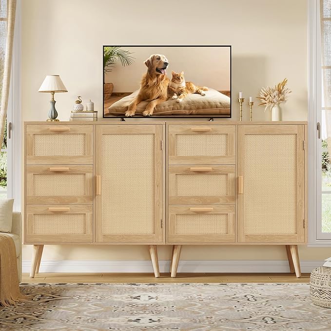 TEENFON Storage Cabinet with Rattan Door & 3 Drawers, Rattan Cabinet with Adjustable Shelf, Sideboard Buffet Cabinets with Storage, Entryway Cabinets, for Living Room, Dining Room, Entryway, Natural