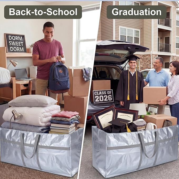 4 Pcs 176 Gallon Extra Large Moving Bags Heavy Duty Storage Bag with Strong Zipper Handle Foldable XXL Jumbo Storage Tote Packing Moving Box for College Dorm Travel Cloth Duffle (Silver)