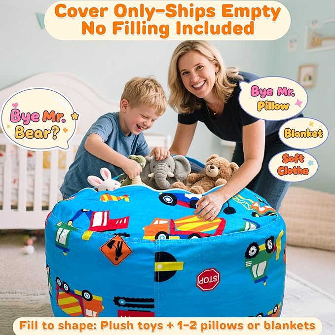 Lukeight Construction Stuffed Animals Storage Bean Bag Chair Cover Only (Ships Empty, No Filling) - Velvet YKK Zipper Beanbag Cover for Toddlers Kids, Washable Plush Toy Organizer, Large 27" D x 16" H