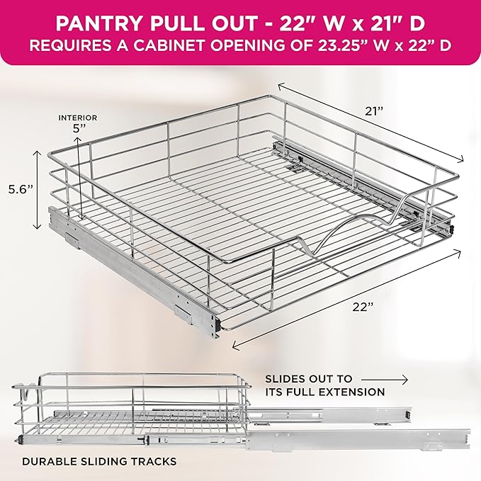 HOLDN’ STORAGE Pull Out Cabinet Organizer, Slide Out Drawer for Kitchen Cabinets & Pantry, Roll Out Shelf for Pots, Pans & Under Sink Storage, Heavy-Duty Full-Extension, 22" W x 21" D x 5" H