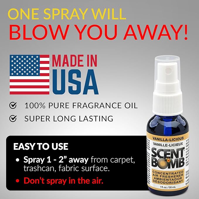 Scent Bomb Air Freshener Spray, Long-Lasting Odor Eliminator - Effective Deodorizer for Home & Car, Fresh Room Spray for Kitchen, Bathroom & Smell Neutralizer - 1 oz Pack of 4, Vanilla-liscious Scent