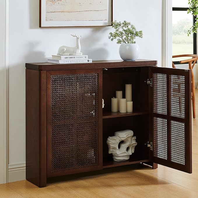 Amposei Mid Century Modern Rattan Sideboard 39.4’’ Small Coffee Bar Console Buffet Cabinet Table for Living Dining Room Entryway Hallway, Walnut