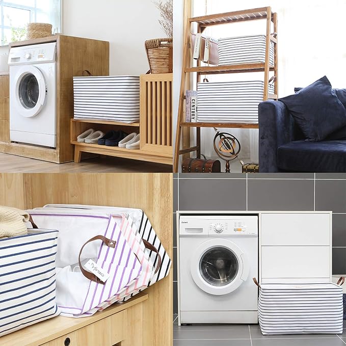 Hinwo 70L Extra Large Storage Bins, 6-Pack Closet Organizers and Storage, Foldable Clothes Storage Baskets with Handles, Containers for Clothing, Blanket, Comforters, Toys, Bedding (Navy Stripe)