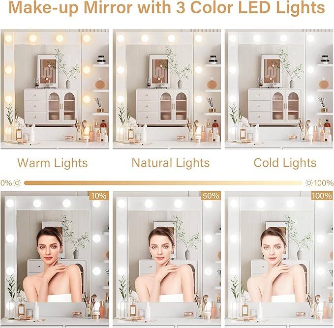 YIKEHOME 42'' Makeup Vanity Desk Set with Mirror, Vanity Table 3-Colour Lights with 5 Drawers & Shelves for Bedroom Dressing Room White (Bright White & Gold)
