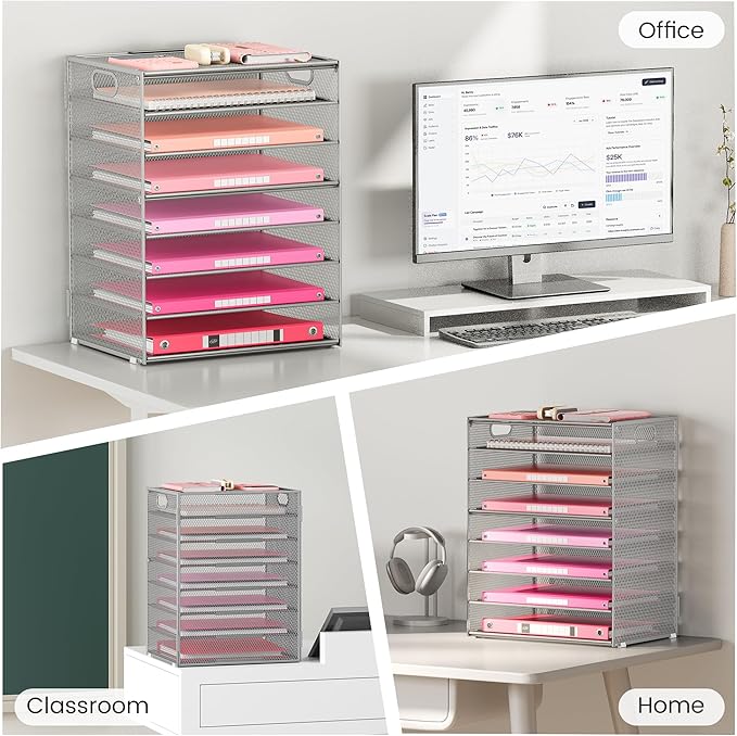 Lavatino 8-Tier Office Desk File Organizer, Letter Tray Paper Organizer with Handle, Including 5 Adjustable Slide Trays for Organizing Desktop Workspace Accessories and Supplies (Silver Metal Mesh)