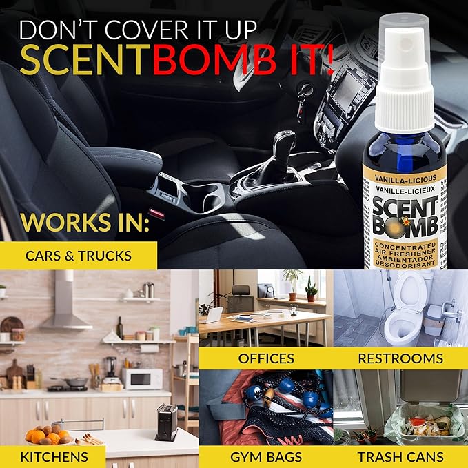 Scent Bomb Air Freshener Spray, Long-Lasting Odor Eliminator - Effective Deodorizer for Home & Car, Fresh Room Spray for Kitchen, Bathroom & Smell Neutralizer - 1 oz Pack of 4, Vanilla-liscious Scent