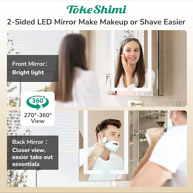 TokeShimi 24x32 Anti-Fog Led Medicine Cabinet Mirrored for Bathroom Surface or Recessed, Medicine Cabinet Mirror with Lights 3 Color Dimmable and Sockets, 2-Side Mirror with Storage UL-Listed Driver