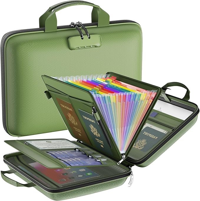 Fireproof File Organizer with Lock, Hard Case Fireproof Document Box with 13 Colorful Pockets Accordion File Folder, Important Document Organizer for Letter A4 Files Laptop Passports (Green)