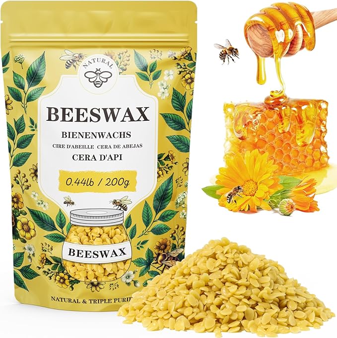 Beeswax pellets 200G/5LB/10LB/20LB, VEGISHINE Pure and Natural Yellow Beeswax for DIY Skin Care, Lip Balm, Polishing, Lotion, Soap, Candle Making Supplies