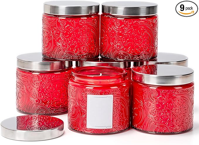 Art Secret 9 Pack 10oz Sun Moon Star Embossed Glass Candle Jars with Mirror Lid, Patented Design for Candle Making (Red)