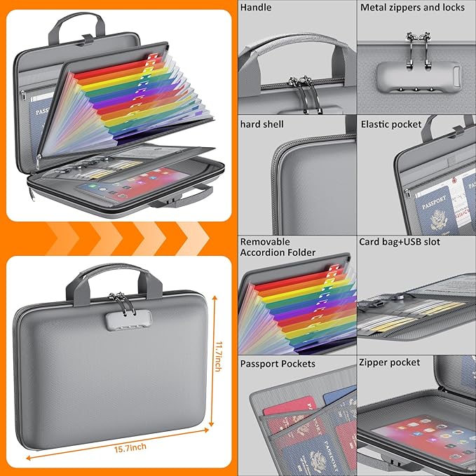 Fireproof File Organizer with Lock, Hard Case Fireproof Document Box with 13 Colorful Pockets Accordion File Folder, Important Document Organizer for Letter A4 Files Laptop Passports (Grey)