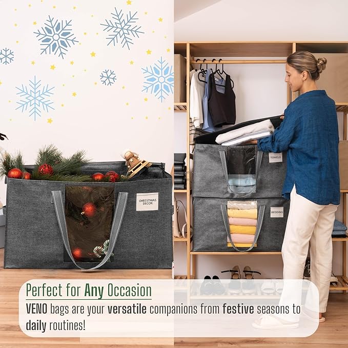 VENO 6 Pack Heavy Duty Moving Bags, Clothes and Comforter Storage Bags with Clear Window, College Dorm Essentials Packing Supplies, Foldable Boxes Alternative (Gray, 6 Pack)