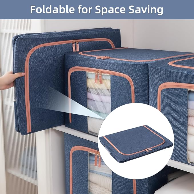 GuliPostan 3 Pack 66L Stackable Clothes Storage Bins with Metal Frame Handles & Zipper, Collapsible Closet Organizer Box with Lid for Bedding Blankets Towel (Navy)