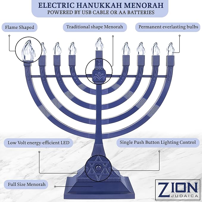Zion Judaica 6 Pack Electric Hanukkah Menorah LED USB Powered Menorah Electronic Hanukkiah Battery Minorah Flamless Chanukah Candles (Blue, 6)