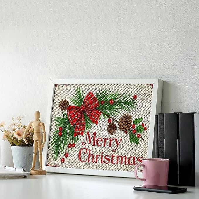 AIVKIEJK Diamond Painting Kits for Adults - Merry Christmas Holly, Pine Cones & Red Plaid Bow Painting DIY 5D Full Drill Diamond Dots Paintings with Diamonds Gem Art and Crafts Home Decor 12"x16"