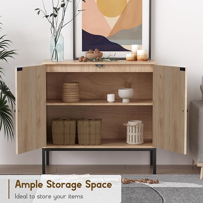 XIAO WEI Sideboard Buffet Cabinet with 2 Natural Rattan Decorated Doors, 31.5" W Accent Rattan Cabinet, Boho Credenza Storage Cabinet, for Living Room Dining Room Hallway, Metal Legs, Natural(3 PCS)
