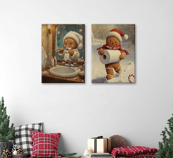 Paint by Number Kit for Adults & Kids, 2 Pack Christmas Gingerbread Men Scenes 16x20 Inch Unframed, DIY Acrylic Painting Kit with Brushes & Paints, Festive Humorous Home Art Decor