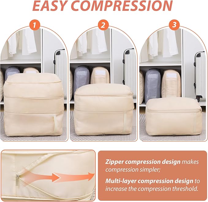 Veki Comforter Storage Bag, Space Saving Self Compression Foldable Blanket Storage Bags, Closet Organizer With Handle and VisualiZation Window, Large capacity 130L for Bedding, Clothes (Apricot XL)