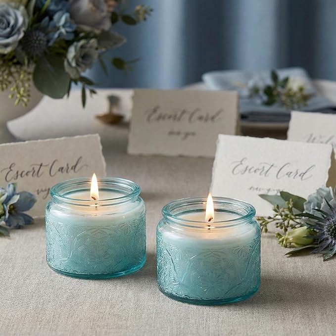18-Pack 4oz Embossed Glass Candle Container with Bamboo Lids and Labels, Blue Candle Jars for Making Candles, Mandala Design