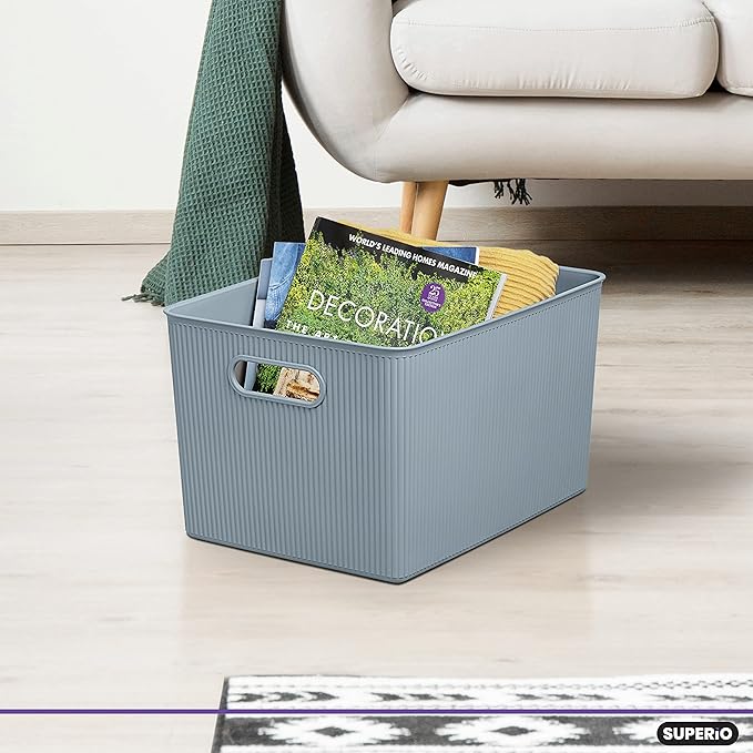 Superio Ribbed Collection - Decorative Plastic Basket Open Home Storage Bins Organizer, X-Large Blue (1 Pack) Container Boxes for Organizing Closet Storage Bins for Shelves 22 Liter/23 Quart