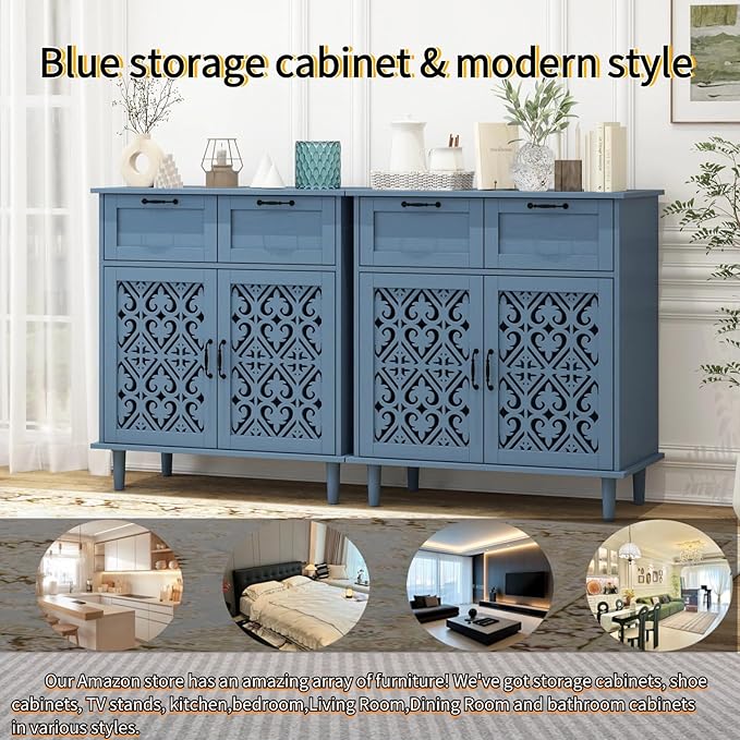 vistavie Blue Buffet Sideboard Cabinet with 2 Doors 2 Drawers - Accent Cabinet with Adjustable Shelves，31.5 Inch Wide Wood Storage Cabinets for Dining Room,Study Room and Kitchen