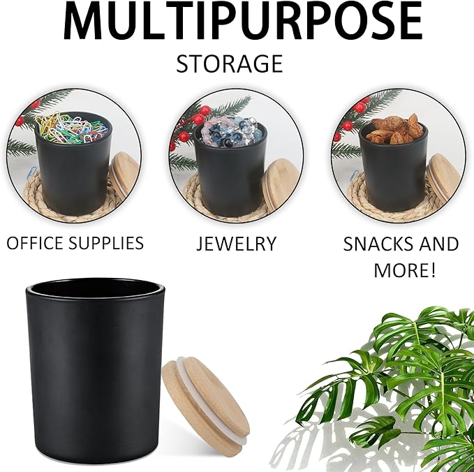 MILIVIXAY 12 Pack 10 OZ Matte Black Thick Glass Candle Jars with Lids - Bulk Empty Candle Jar for Making Candles - Spice, Powder Containers.