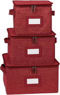 Covermates Dish Storage Box Set – China & Dinner Plate Storage Containers with Felt Dividers, Dual Zippers, Reinforced Handles, ID Window & Stackable Design, Red Heather