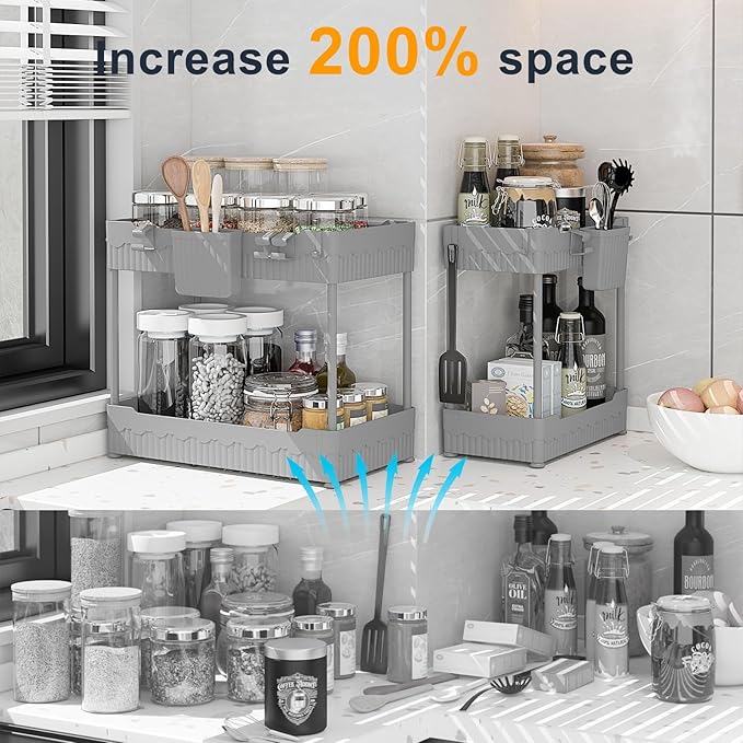 2 Pack Under Sink Organizer, Under Bathroom Cabinet Organizer with Hooks Hanging Cup, Multi-Purpose Storage Shelf for Kitchen Bathroom (Gray, 12.8 Inch)