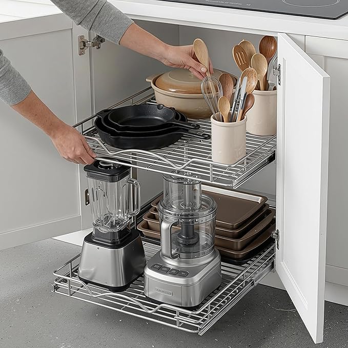 2-Tier Pull-Out Cabinet Organizer with Heavy-Duty Steel Frame, Full-Extension Sliding Shelves, Holds 100 lbs, Easy Install for Kitchen, Pantry & Under Sink Cabinets, 14" W x 21”D x 16.5" H