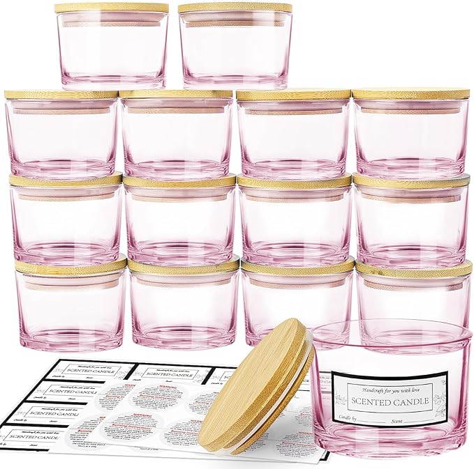 CONNOO 15 Pack 4 OZ Pink Glass Candle Jars with Airtight Bamboo Lids for Making Candles, Bulk Small Wide Mouth Empty Candle Containers with Sticky Warning Labels - Dishwasher Safe