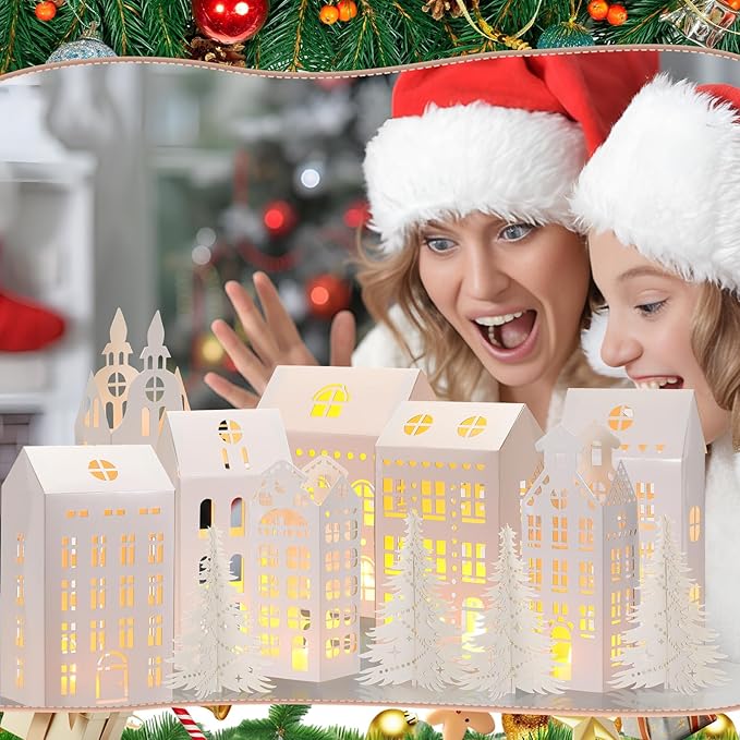 Reallnaive 20 Pcs Large 8" Christmas Cardboard Village Houses Set Xmas DIY Village Houses with LED Candle Paper Home and Tree Figurine Scene Desktop Ornament for Home Party Decor(Retro,White)