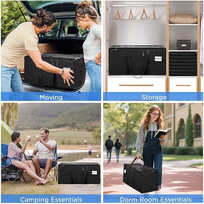 BETU Extra Large Moving Bags Heavy Duty Storage Bags with Zipper Handles, 12 Pack Clothes Storage Totes Bins Packing Moving Boxes, Moving Supplies for College Dorm Essentials, Space Saving, Black