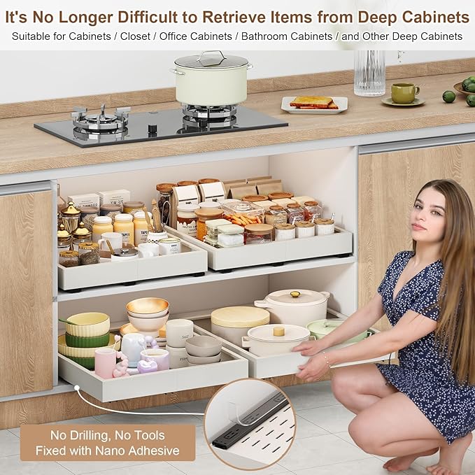 2Pc Pull out Cabinet Organizer,Width (11"-16") and Depth(13"-17"),Expandable With 3 Rails, Cabinet Roll out Drawers,Adjustable Slide out shelves for Kitchen and Pantry,for Cabinets Without Lip,White