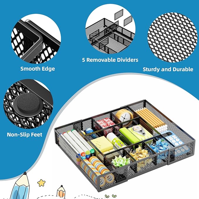 Marbrasse Expandable Desk Drawer Organizer, Mesh Drawer Organizer Tray with 10 Adjustable Compartments, Desk Organizers and Accessories for Office Supplies, Makeup & Vanity (Expandable Black-2 pack)