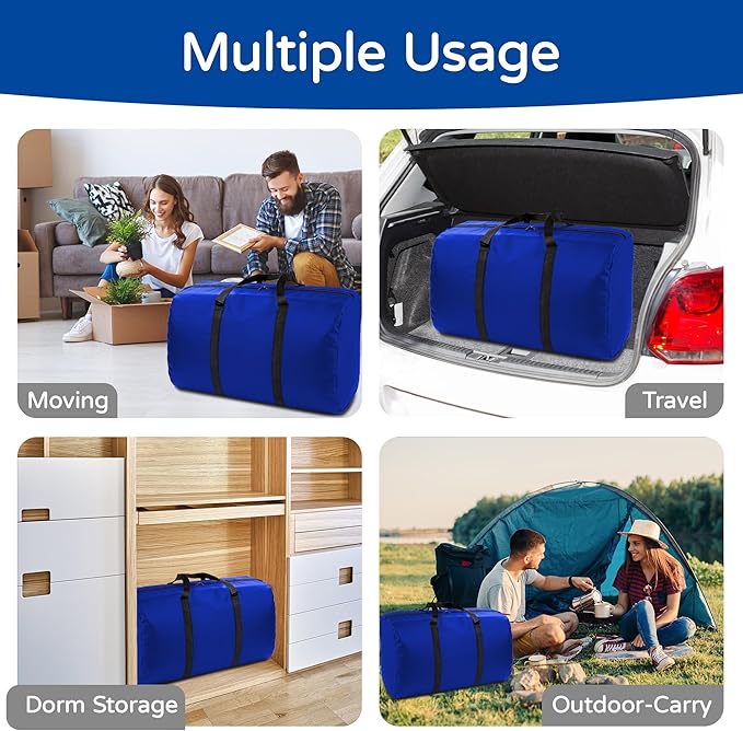 2 Pack 96L Extra Large Moving Bags with Zippers & Carrying Handles for Storage, Packing, Traveling, Camping, Langdry, Big Heavy Duty Moving Totes Bags for Clothes, Supplies and Space Saving Blue