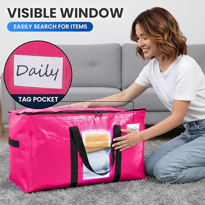 TAILI 6 Pack Pink Extra Large Moving Bags, Heavy Duty Totes with Visible Window, Wrap Around Handles, Space-Saving Storage Solution, Alternative to Moving Boxes