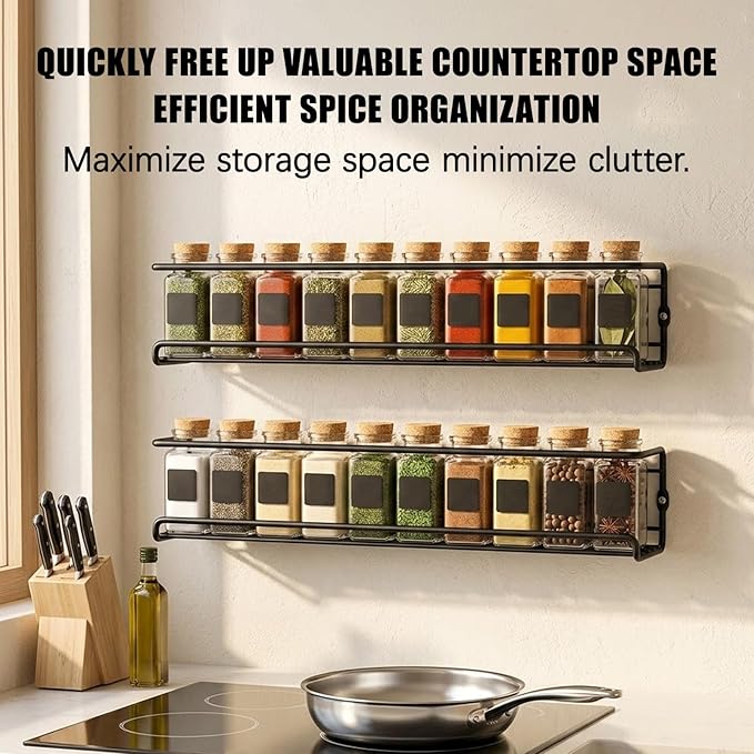 Carbon Steel Wall-Mounted Kitchen Spice Rack,Wall-Mounted Spice Rack Heavy-Duty Space-Saving Organizer with Adhesive or Screw Mountable, for Cabinet Doors, Pantry Walls (4Pcs Black)