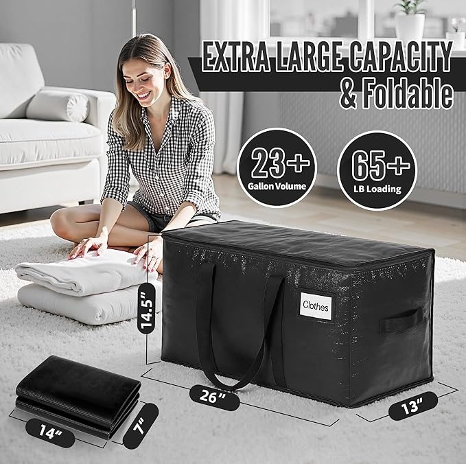 BAGAIL Heavy Duty Moving Bags with Strong Handle, Extra Large Moving Boxes, Storage Tote for Clothes, College Moving Supplies(Black, 6 Pack)