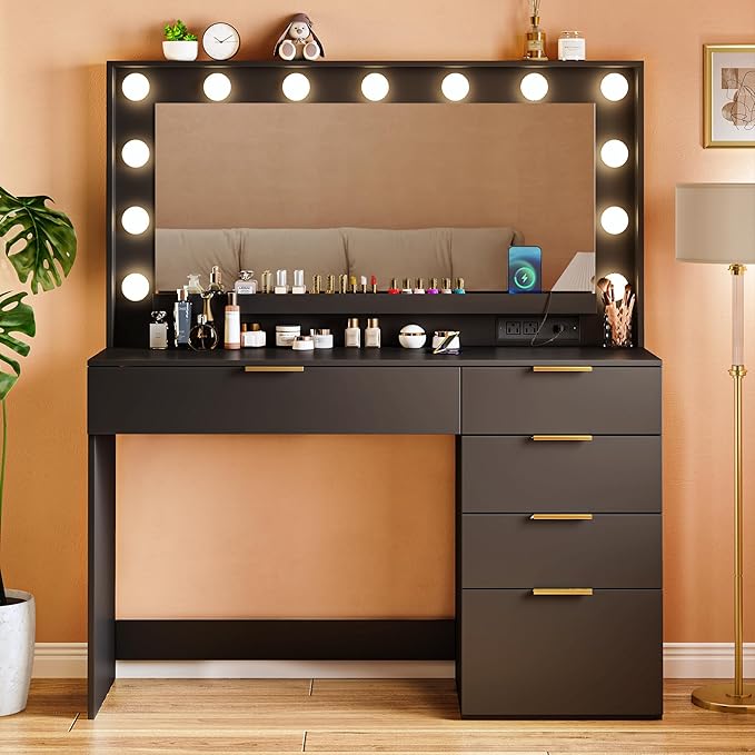 Makeup Vanity Desk with Mirror and Lights, 39.3in Vanity Desk with LED Lights, 3 Color Modes, Built-in Power Outlet, Vanity Desk with Large Storage & 5 Drawers for Bedroom and Dressing Room, Black