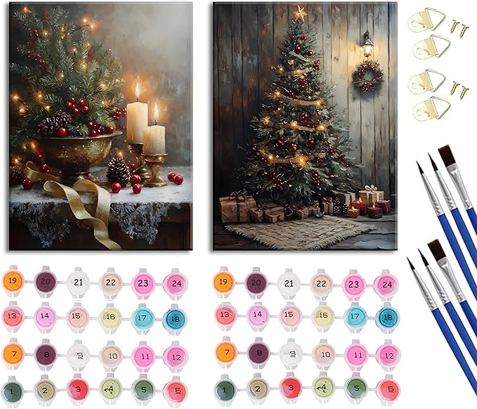 Paint by Number Kit for Adults & Kids, 2 Pack Christmas DIY Painting Kit, 16x20 Inch Canvas Each, with Brushes, Paints & Hanging Kits Framed