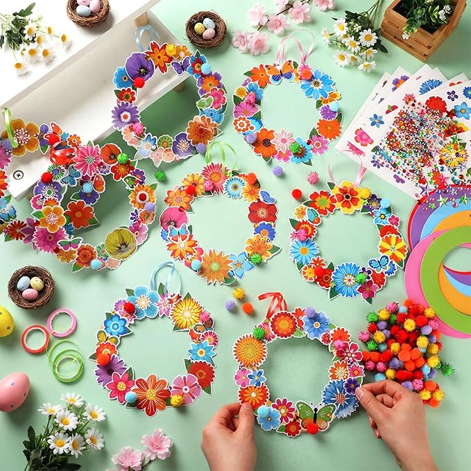 Hollowfly 48 Sets Spring Wreath Craft Kits DIY Flower Hanging Ornaments Make Your Own Paper Craft with Stickers for Home Spring Party Mother's Day Activities